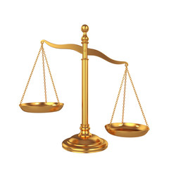 Golden scales of justice isolated on a white background, 3D render