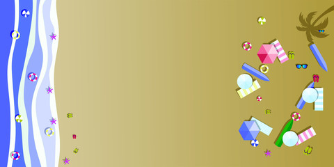 Obraz premium Summer sunny beach with umbrellas. Sea waves Top view. Travel, vacation, holidays concept