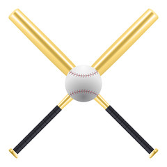 Baseball and golden baseball bats isolated on white background. American sport equipment. Gold bats Vector Illustration