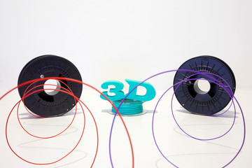 3D printing filament reels for 3d printers with text "3d" isolated on white background