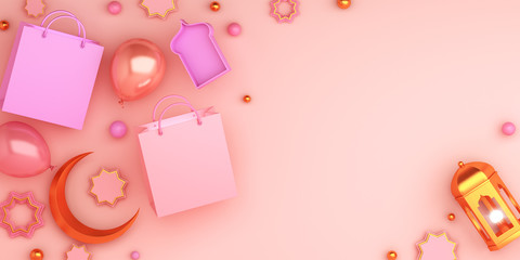 Fototapeta na wymiar Flying shopping bag, arabic geometric star ornament, lantern, crescent on pink background. Design concept of islamic celebration day ramadan kareem or eid al fitr adha, 3D illustration.