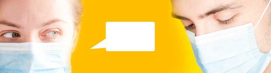 A girl and a guy opposite each other on a yellow background with a dialog box, place for text.  Copy Space