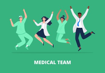 Fototapeta na wymiar Concept of happy medicine team. Multicultural group of people jumping with raised hands in various poses. Doctors and nurses rejoicing together. Vector flat style.