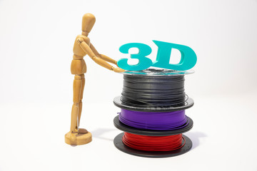 3D printing filament reels with wooden anthropomorphic doll with text 