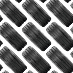 Wheel tire seamless pattern. Vector realistic illustration. Automobile Tires (close-up detail). Tyre Tread. Tire stack background.