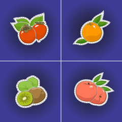 Set of tropical fruits sticker on a purple violet pop art halftone background, persimmon and peach, kiwifruit and citrus grapefruit, pins or patches, retro style, vector illustration
