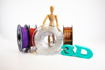 3D printing filament reels with wooden anthropomorphic doll with text 
