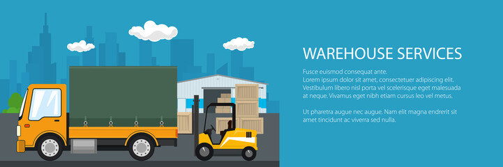 Naklejka premium Banner of warehouse and transport services ,warehouse with forklift truck and yellow green lorry on the background of the city and text , unloading or loading of goods , vector illustration