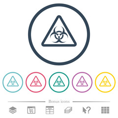 Biohazard warning flat color icons in round outlines