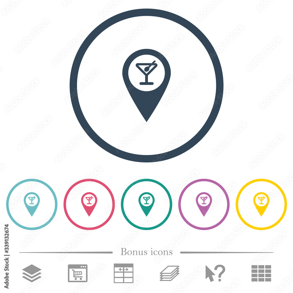 Poster cocktail bar gps map location flat color icons in round outlines