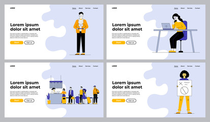 Obraz na płótnie Canvas Travel, social, service activities set. Tourists in airport, waiter with drinks, protester with poster. Flat vector illustrations. Business, job concept for banner, website design or landing web page