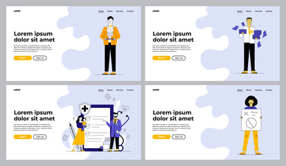 Business, service, healthcare occupations set. Manager with papers, waiter, doctor, protester with placard. Flat vector illustrations. Job, work concept for banner, website design or landing web page