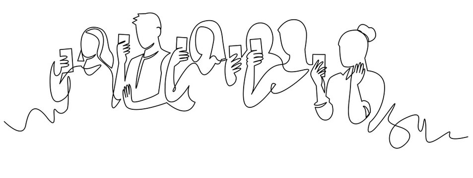 Group of people holding smartphone, making online stories or streaming in social networks. Crowd standing with phones in their hands continuous one line vector drawing.