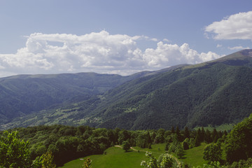 beautiful panorama of the forest, mountains and clouds with a tonal perspective in summer	