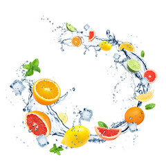Different fresh citrus fruits, crystal ice cubes, mint and splashing water on white background