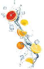 Fototapeta na wymiar Falling fresh citrus fruits, crystal ice cubes and splashing water on white background