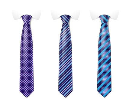 Man colored tie set. Tie mockup with different fashion pattern. Striped silk neckties templates with textures set. Vector illustration