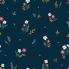 Fototapeta na wymiar Cute hand drawn floral seamless pattern, lovely flower meadow background, great for spring or summer textiles, banners, wallpaper, wrapping - vector design
