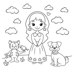 Coloring page set with a girl, a cat with a bird and a dog.