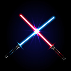 Two crossed light swords on night sky background. Vector illustration.