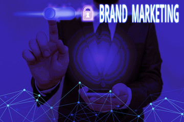 Text sign showing Brand Marketing. Business photo text creating a name that identifies and...