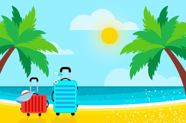 Obraz premium Two Travel Suitcases under the palm tree on Seashore. Sea. Woman summer hat. Time to travel. Tropical summer holidays. Flat.