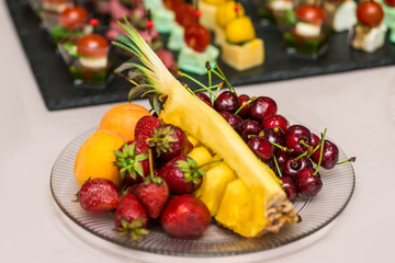 Summer gifts, fruit platter on a dish. Horizontal frame