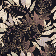 Floral seamless pattern with leaves on a dark background