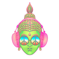 Peace and Love. Colorful Buddha in rainbow glasses listening to the music in headphones. Vector illustration. Hippie peace sign on sunglasses. Psychedelic concept. Buddhism, trance music. Esoteric art