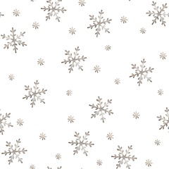 Christmas watercolor illustration with snowflakes. Seamless pattern with brown snowflakes on a white background.