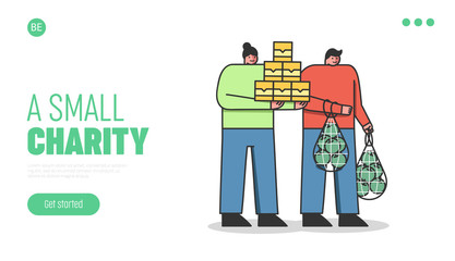 Food Donation Concept. Website Landing Page. Volunteers Standing Holding Lots Of Food Supply. People Donate Food To Poor Needy People. Web Page Cartoon Linear Outline Flat Style. Vector Illustration
