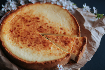 Tasty homemade cheesecake on wooden board and black table with blooming branch.