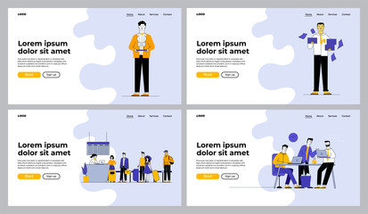 Obraz na płótnie Canvas Business and service occupations set. Manager with papers, waiter with tray, receptionist, project team. Flat vector illustrations. Work, job concept for banner, website design or landing web page