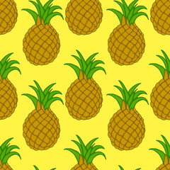 Ripe pineapple on yellow background. Vector seamless pattern. Cartoon style. Design for fashion summer prints, textile, apparel, scrapbook, gift wrap, cards.