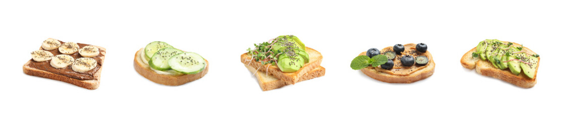 Set of different toasts with chia seeds on white background. Banner design