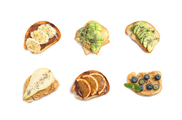 Set of different toasts with chia seeds on white background, top view