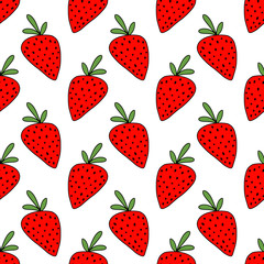 Beautiful red strawberries isolated on white background. Vector seamless pattern in cartoon style. Simple vector design for fabric, textile, prints, packaging, scrapbooking.