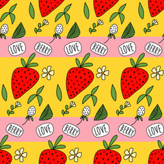 Red and white strawberries on striped yellow background with text 