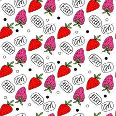 Red and pink strawberries isolated on white background with text "Berry Love". Vector seamless pattern in cartoon style. Simple vector design for fabric, textile, prints, packaging, scrapb