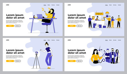 Obraz na płótnie Canvas Work and lifestyle set. Employee smoking in office, online fitness, doctors team. Flat vector illustrations. Online and offline occupations concept for banner, website design or landing web page