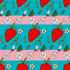 Red and white strawberries on striped background with text 