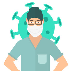 Doctor wearing face mask, COVID-19 vector illustration. Covid coronavirus infection