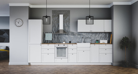 Apartment with white stylish Scandinavian style kitchen and bedroom in gray colors,  3d rendering