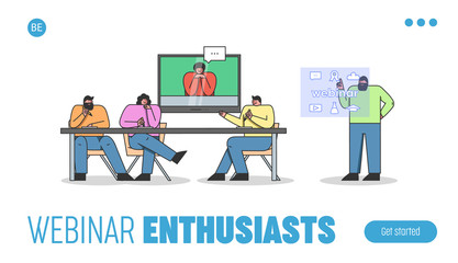 Naklejka premium Concept Of Elearning, Video Conference Or Webinar. Website Landing Page. Group Of People Take An Online Course Or Video Business Conference. Web Page Cartoon Linear Outline Flat Vector Illustration