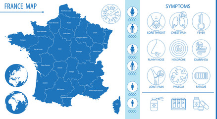 France map with pictograms and icons of symptoms, Covid-19 and other respiratory diseases, vector illustration for infographics and posters