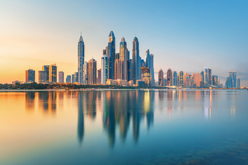 Fototapeta premium Dubai Marina and famous Jumeirah beach at sunrise, United Arab Emirates