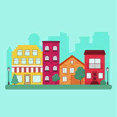 Summer in the city. Street in the town. Vector illustration. Flat