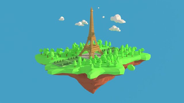 3D animation loop of Eiffel tower in France.   3d rendering Low Polygon Geometry Background. Abstract Polygonal Geometric Shape. Lowpoly Minimal Style Art.