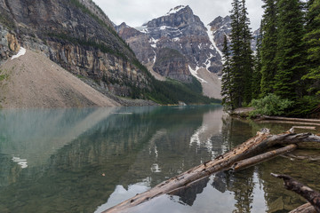 turquoise water lake, coming from a glacier, which reflects the mountains with the snowy tops