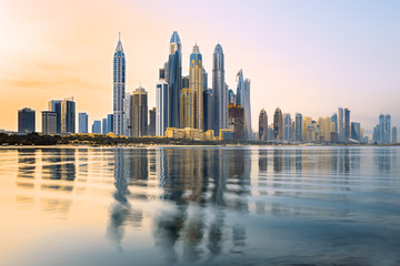 Fototapeta na wymiar Dubai Marina and famous Jumeirah beach at sunrise, United Arab Emirates